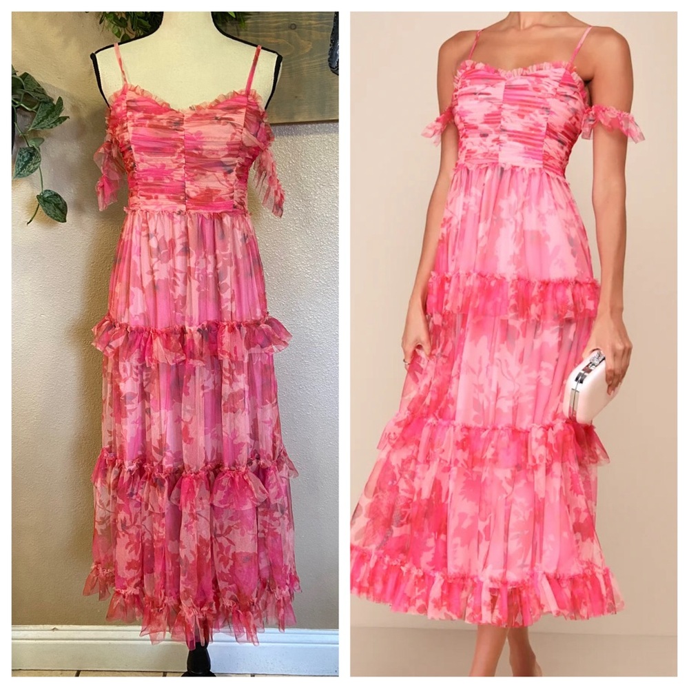 NWOT Lulus Exquisite Existence Pink Floral Mesh Pleated Ruffled Midi Dress